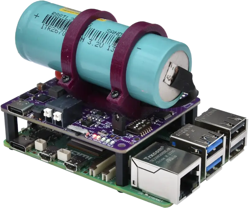 qUPS-P-BC Raspberry Pi UPS HAT with large battery shown mounted on a Pi.