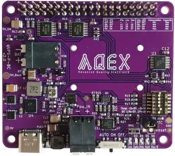 Top-down view of the qUPS-P-BC HAT, showing the input/output terminals, switches and fixing points.