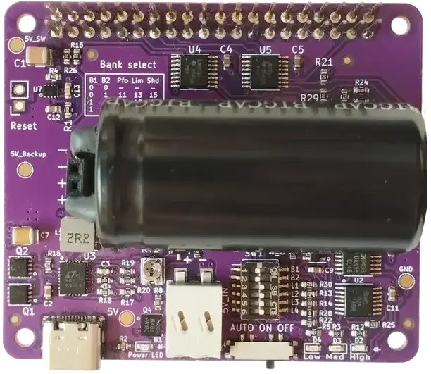Top-down view of the qUPS-P-SC HAT, showing the main supercapacitor and the input/output terminals and switches.