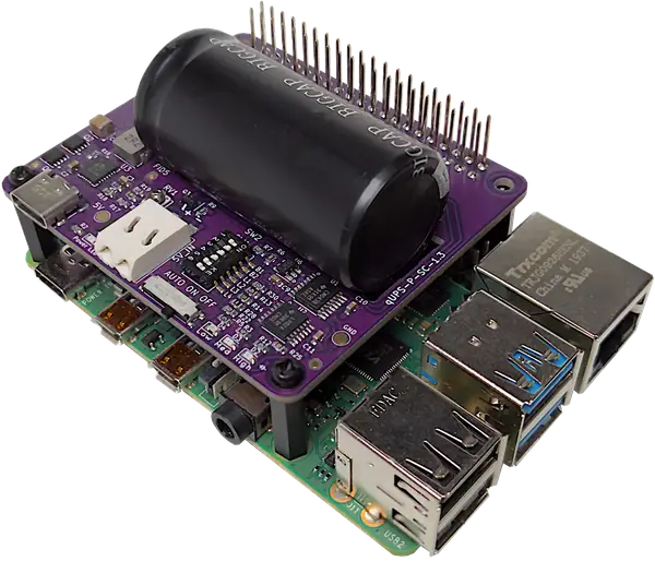 qUPS-P-SC Raspberry Pi UPS HAT with large supercapacitor shown mounted on a Pi.