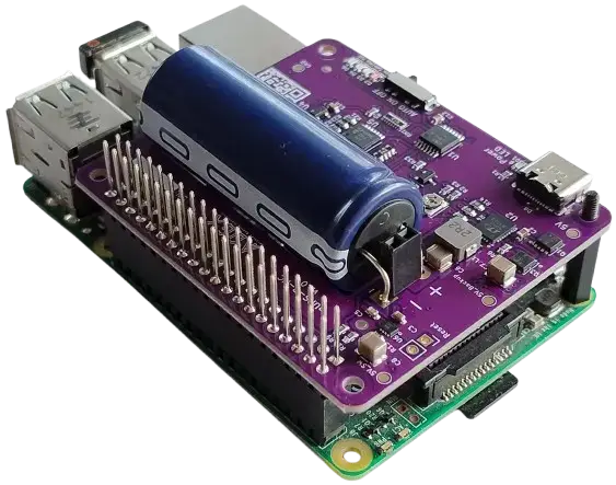 Close-up view of the Stubborn Balance Lite UPS HAT assembled on top of the Raspberry Pi