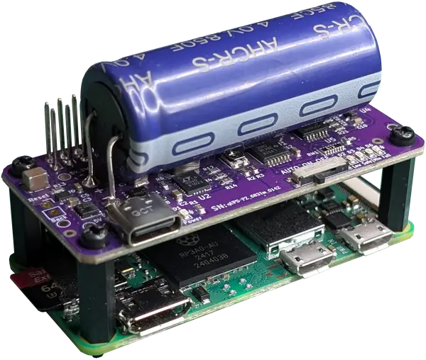 Close-up view of the Stubborn Balance Zero UPS HAT assembled on top of the Raspberry Pi Zero
