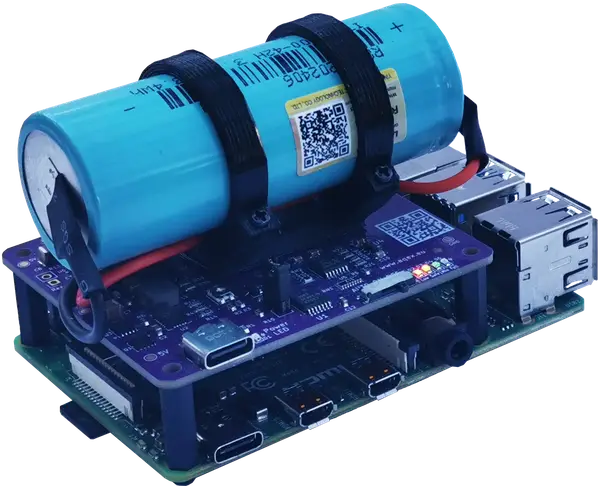 Close-up view of the Stubborn Stamina LF UPF HAT assembled on top of the Raspberry Pi with blue LiFePo4 battery